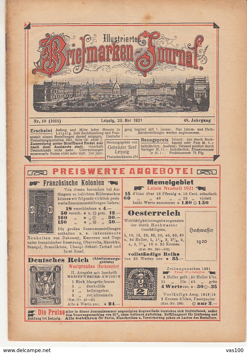 ILLUSTRATED STAMP JOURNAL, ILLUSTRIERTES BRIEFMARKEN JOURNAL, NR 10, LEIPZIG, MAY 1921, GERMANY - Alemán (hasta 1940)