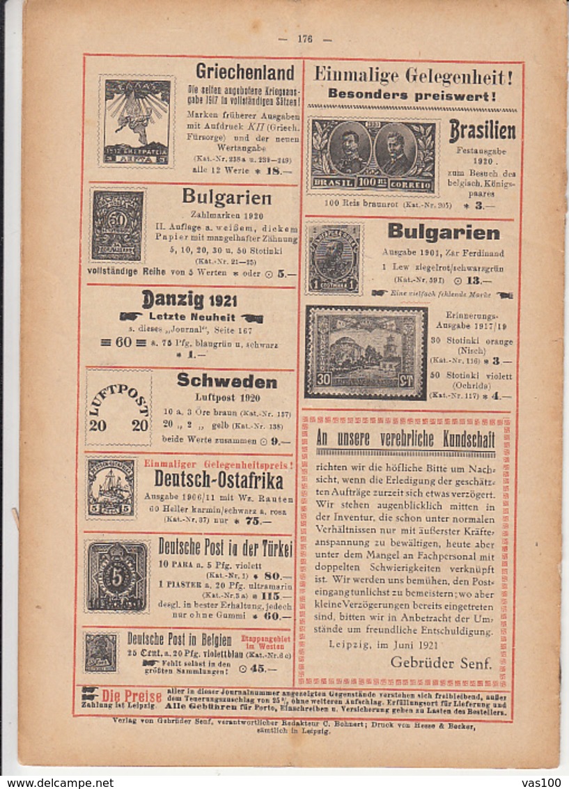 ILLUSTRATED STAMP JOURNAL, ILLUSTRIERTES BRIEFMARKEN JOURNAL, NR 11, LEIPZIG, JUNE 1921, GERMANY - Tedesche (prima Del 1940)