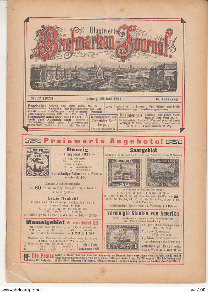 ILLUSTRATED STAMP JOURNAL, ILLUSTRIERTES BRIEFMARKEN JOURNAL, NR 12, LEIPZIG, JUNE 1921, GERMANY - Tedesche (prima Del 1940)
