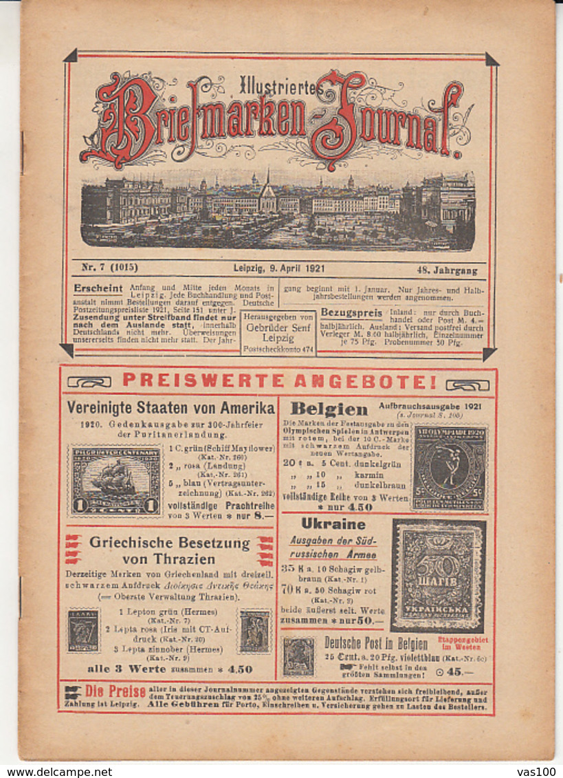 ILLUSTRATED STAMP JOURNAL, ILLUSTRIERTES BRIEFMARKEN JOURNAL, NR 7, LEIPZIG, APRIL 1921, GERMANY - Tedesche (prima Del 1940)