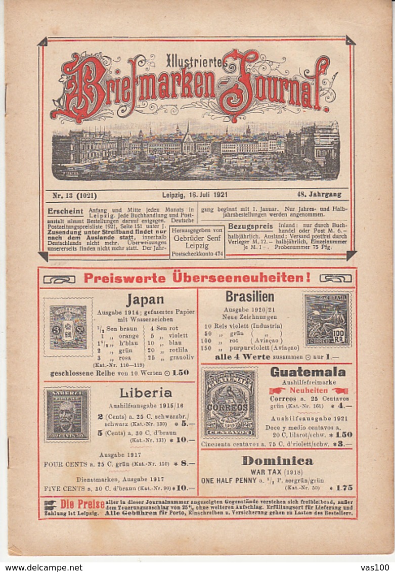 ILLUSTRATED STAMP JOURNAL, ILLUSTRIERTES BRIEFMARKEN JOURNAL, NR 13, LEIPZIG, JULY 1921, GERMANY - Alemán (hasta 1940)