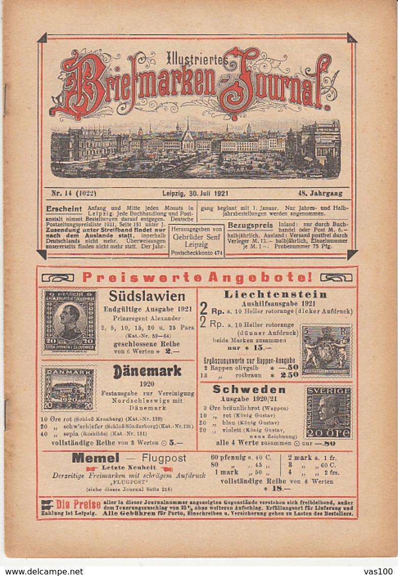 ILLUSTRATED STAMP JOURNAL, ILLUSTRIERTES BRIEFMARKEN JOURNAL, NR 14, LEIPZIG, JULY 1921, GERMANY - German (until 1940)