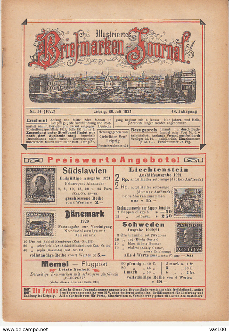 ILLUSTRATED STAMP JOURNAL, ILLUSTRIERTES BRIEFMARKEN JOURNAL, NR 14, LEIPZIG, JULY 1921, GERMANY - Alemán (hasta 1940)