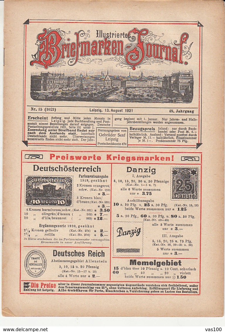ILLUSTRATED STAMP JOURNAL, ILLUSTRIERTES BRIEFMARKEN JOURNAL, NR 15, LEIPZIG, AUGUST 1921, GERMANY - Alemán (hasta 1940)