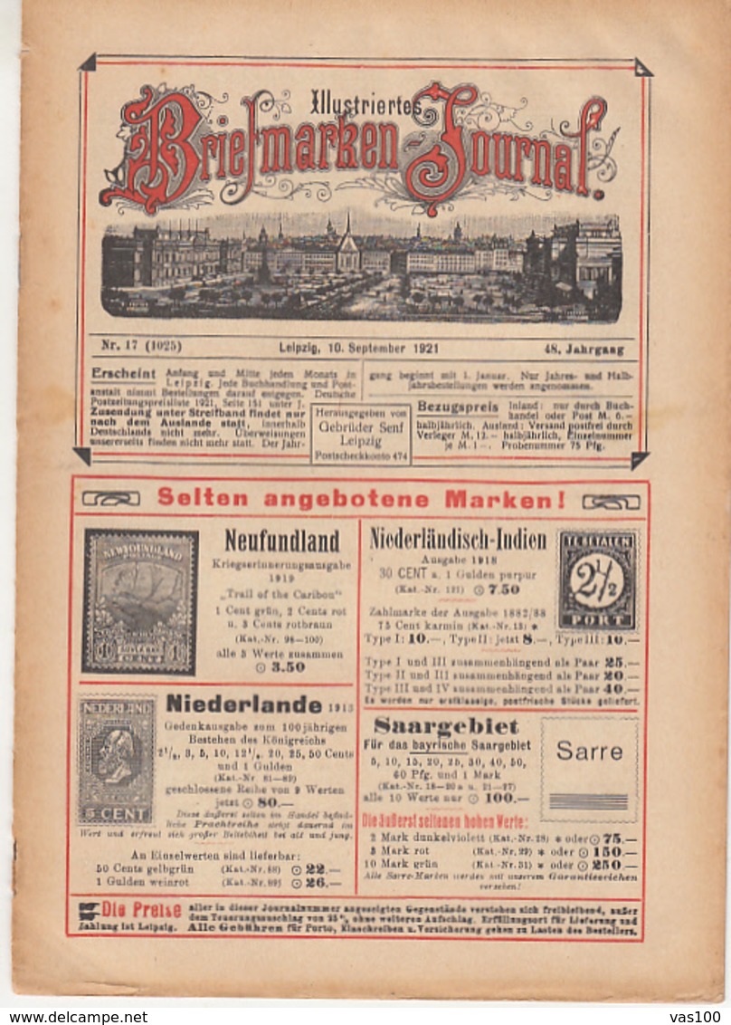 ILLUSTRATED STAMP JOURNAL, ILLUSTRIERTES BRIEFMARKEN JOURNAL, NR 17, LEIPZIG, SEPTEMBER 1921, GERMANY - Tedesche (prima Del 1940)