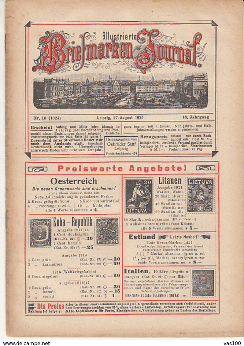 ILLUSTRATED STAMP JOURNAL, ILLUSTRIERTES BRIEFMARKEN JOURNAL, NR 16, LEIPZIG, AUGUST 1921, GERMANY - Alemán (hasta 1940)