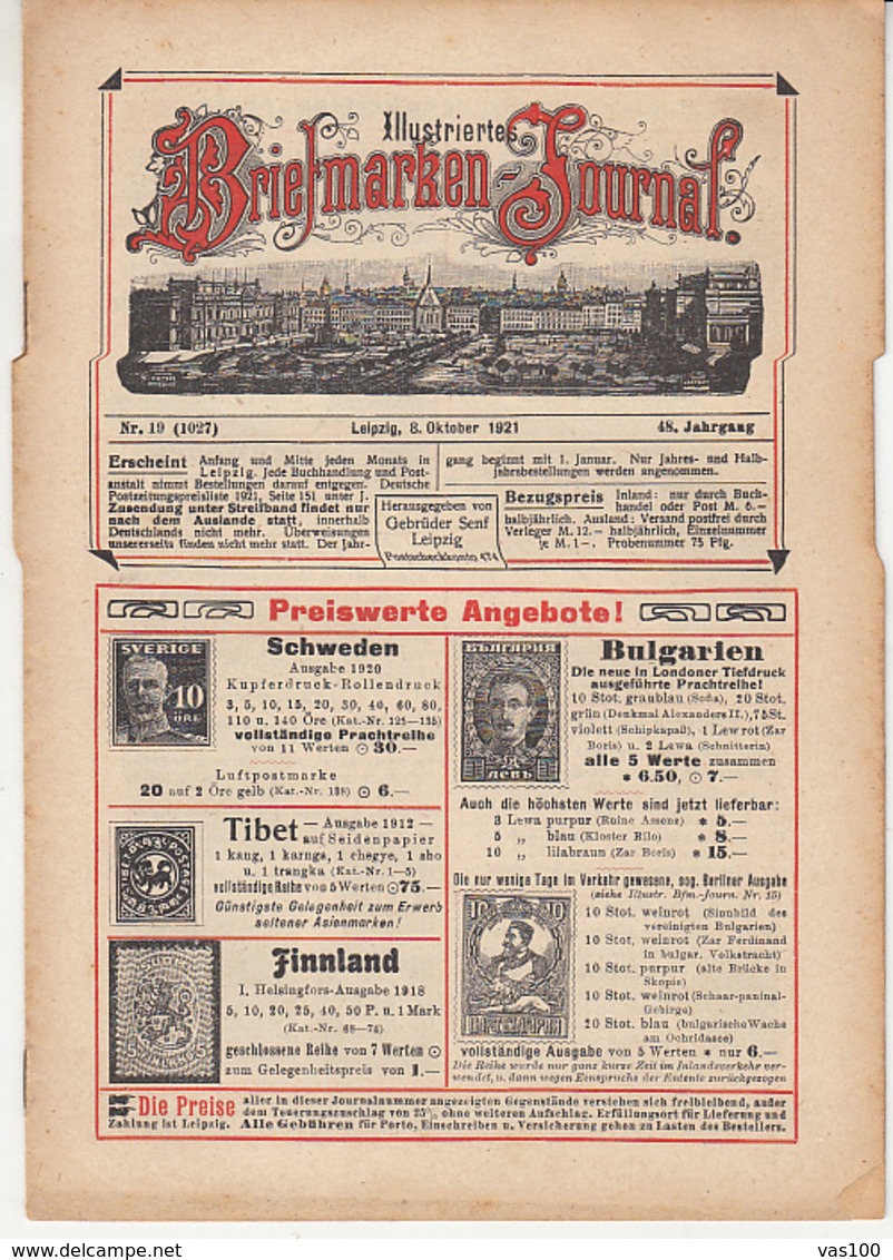 ILLUSTRATED STAMP JOURNAL, ILLUSTRIERTES BRIEFMARKEN JOURNAL, NR 19, LEIPZIG, OKTOBER 1921, GERMANY - German (until 1940)