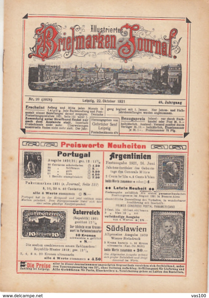 ILLUSTRATED STAMP JOURNAL, ILLUSTRIERTES BRIEFMARKEN JOURNAL, NR 20, LEIPZIG, OKTOBER 1921, GERMANY - Tedesche (prima Del 1940)