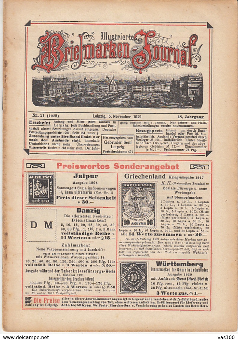 ILLUSTRATED STAMP JOURNAL, ILLUSTRIERTES BRIEFMARKEN JOURNAL, NR 21, LEIPZIG, NOVEMBER 1921, GERMANY - Alemán (hasta 1940)