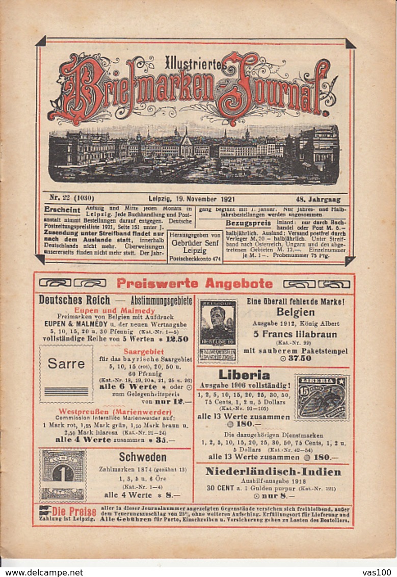 ILLUSTRATED STAMP JOURNAL, ILLUSTRIERTES BRIEFMARKEN JOURNAL, NR 22, LEIPZIG, NOVEMBER 1921, GERMANY - Duits (tot 1940)