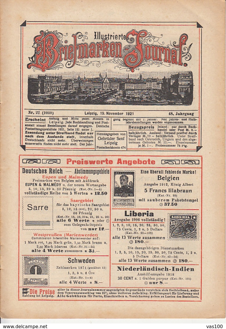 ILLUSTRATED STAMP JOURNAL, ILLUSTRIERTES BRIEFMARKEN JOURNAL, NR 22, LEIPZIG, NOVEMBER 1921, GERMANY - Tedesche (prima Del 1940)