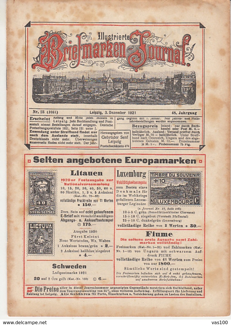 ILLUSTRATED STAMP JOURNAL, ILLUSTRIERTES BRIEFMARKEN JOURNAL, NR 23, LEIPZIG, DECEMBER 1921, GERMANY - Deutsch (bis 1940)