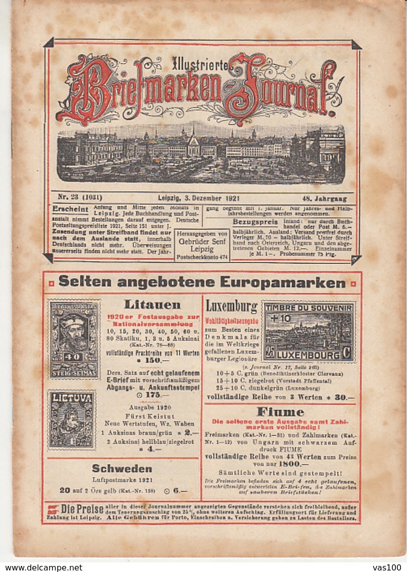 ILLUSTRATED STAMP JOURNAL, ILLUSTRIERTES BRIEFMARKEN JOURNAL, NR 23, LEIPZIG, DECEMBER 1921, GERMANY - Alemán (hasta 1940)