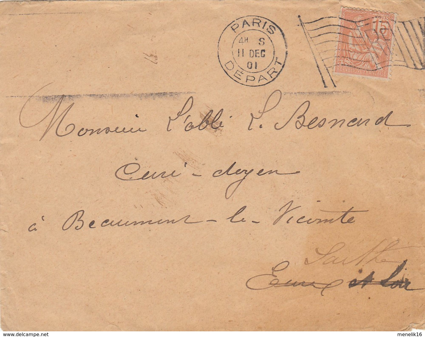 Oblit. - Drapeau RF Et Cachet Paris Départ - 11 Déc. 1901 - Pour Beaumont-le-Vicomte (72) Passage à Beaumont-le-Roger - Matasellos Manuales