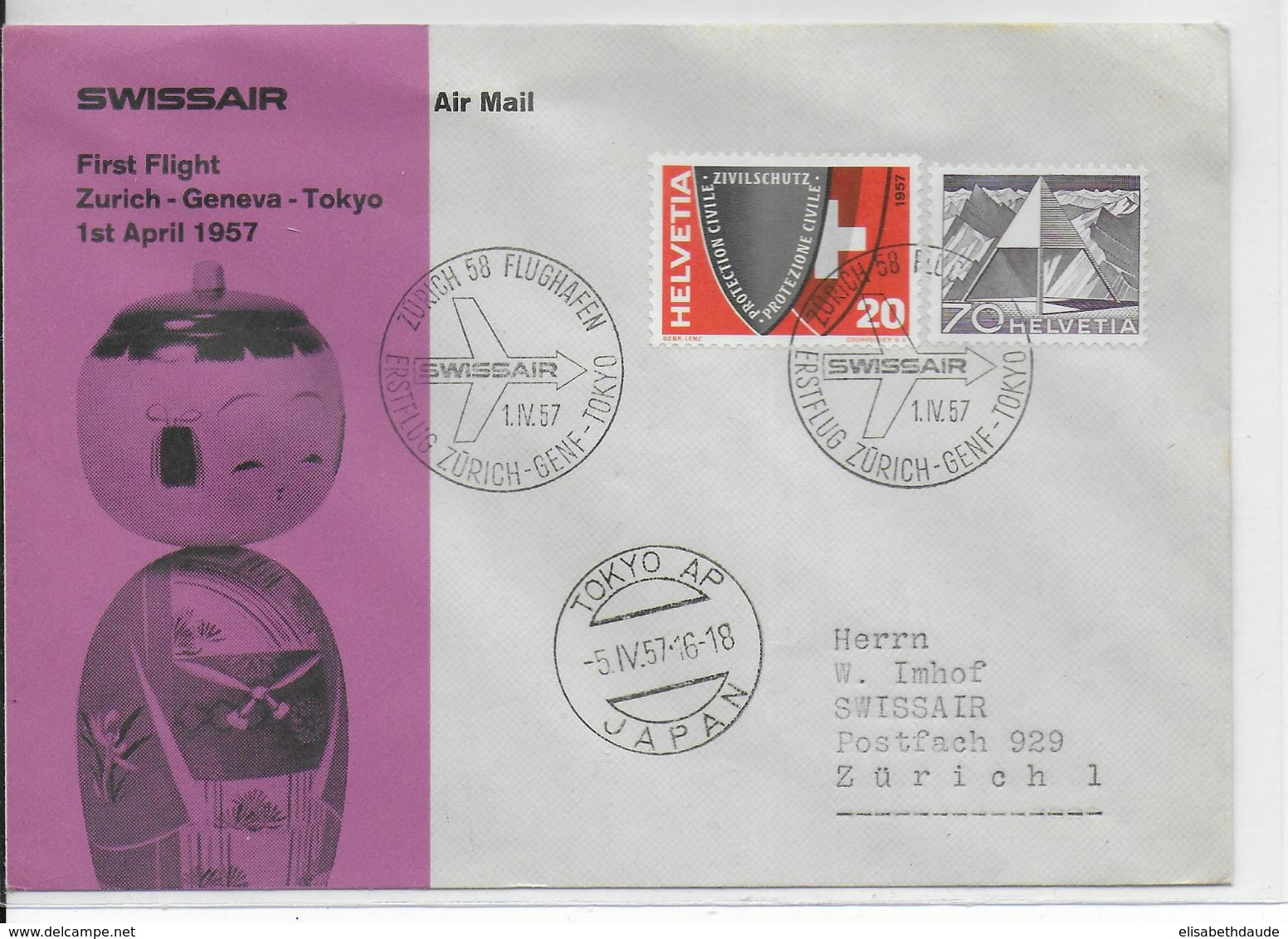 1957 - SUISSE - ENVELOPPE 1° LIAISON AERIENNE SWISSAIR De ZÜRICH / GENEVE => TOKYO (JAPAN) - Eerste Vluchten