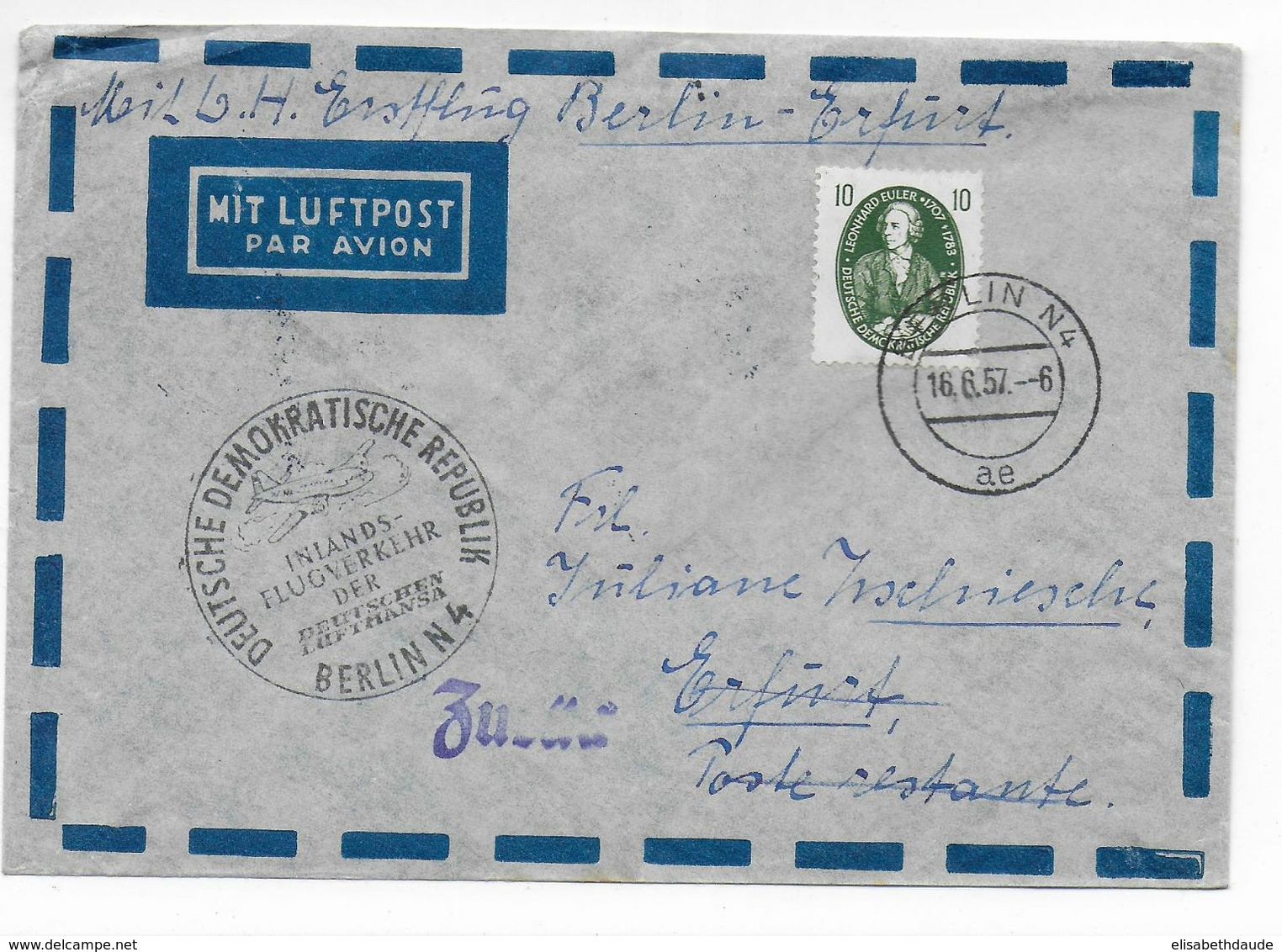 1957 - DDR - ENVELOPPE 1° LIAISON AERIENNE LUFTHANSA De BERLIN => ERFURT - Luchtpost