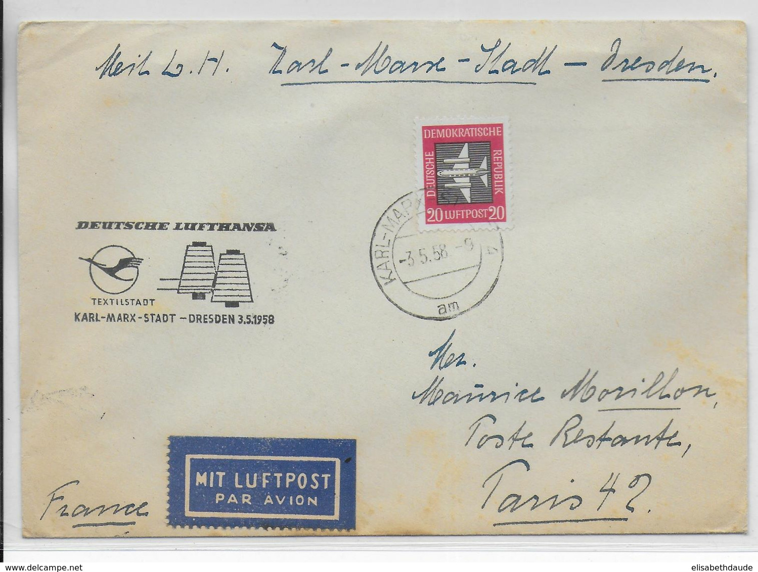 1958 - DDR - ENVELOPPE 1° LIAISON AERIENNE LUFTHANSA De KARL MARX STADT => DRESDEN - Luftpost