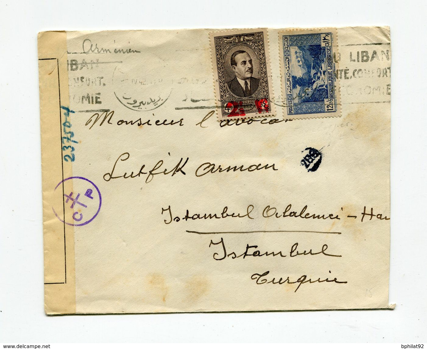 !!! LIBAN, LETTRE DE BEYROUTH POUR ISTAMBOUL DE 1942, AVEC CENSURE FRANCE LIBRE - Covers & Documents