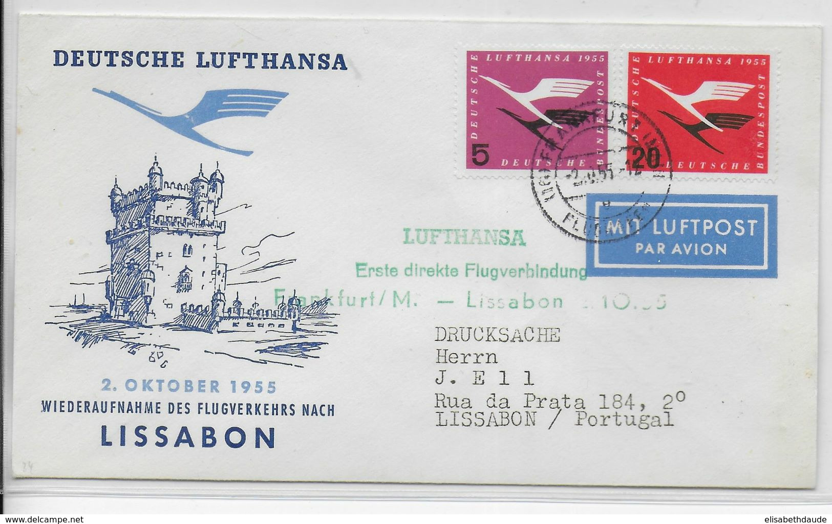1955 - BRD - ENVELOPPE 1° LIAISON AERIENNE LUFTHANSA De FRANKFURT => LISBONNE (PORTUGAL) - Premiers Vols