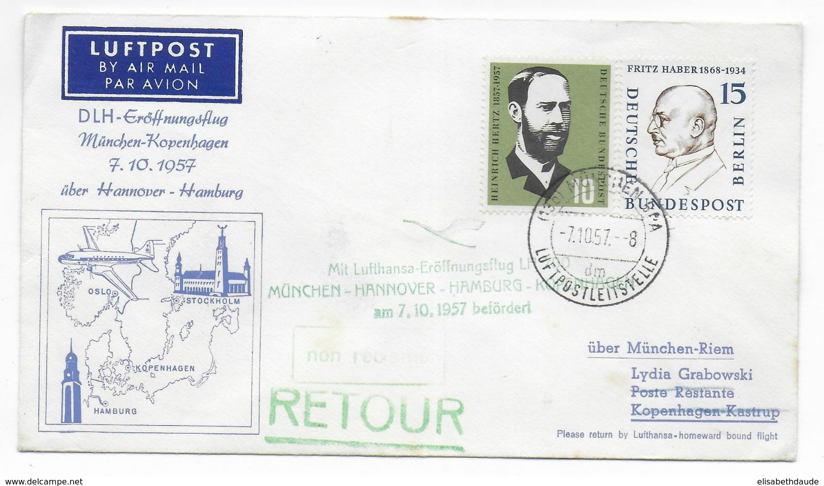 1957 - BRD - ENVELOPPE 1° LIAISON AERIENNE LUFTHANSA De MÜNCHEN => COPENHAGEN (DANMARK) - Eerste Vluchten