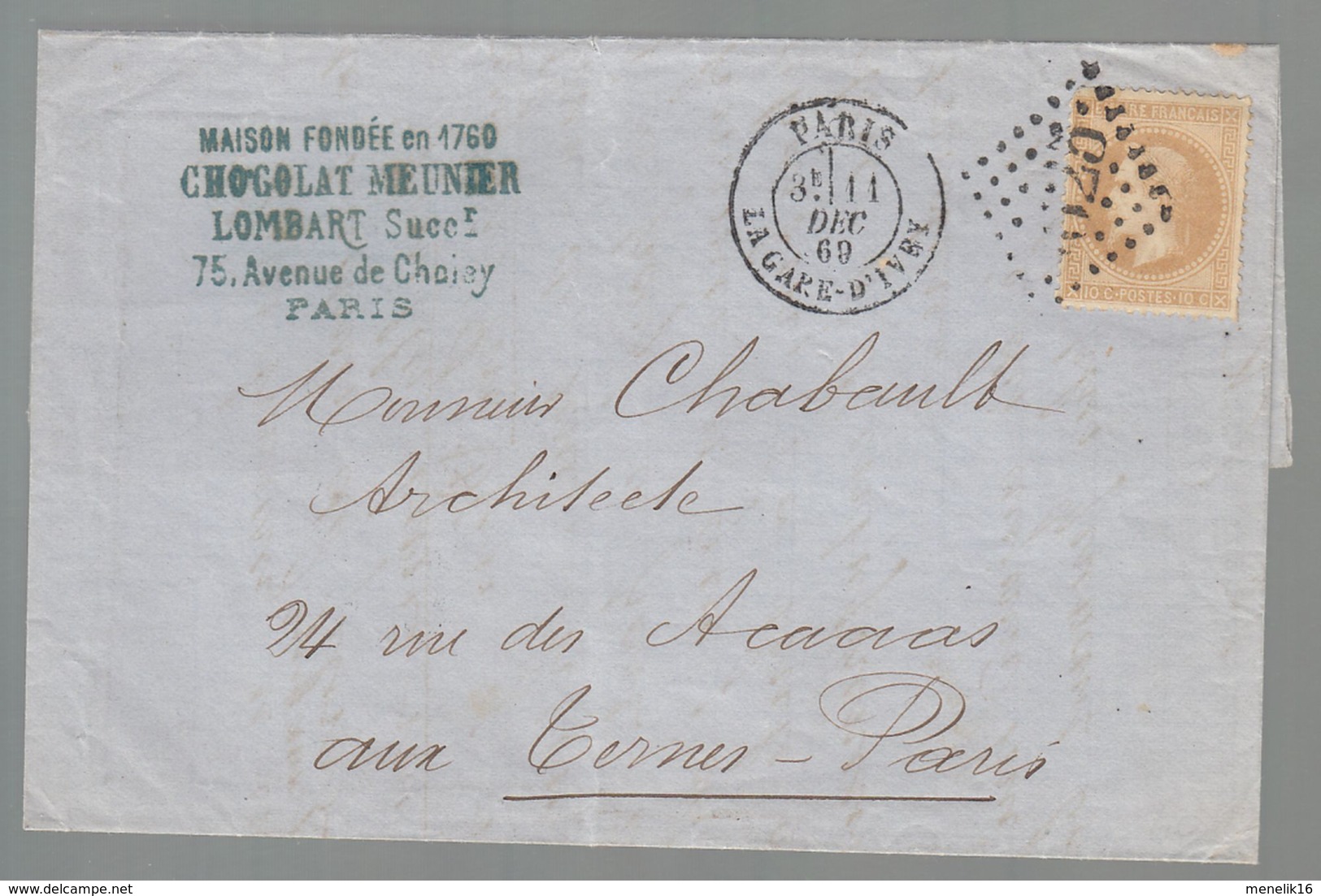 Oblit. - Losange Gros Chiffres 1625 - La Gare D'Ivry Pour Paris Ternes Du 11 Déc. 1869 - Napoléon Lauré 10c Bistre - 1849-1876: Klassik