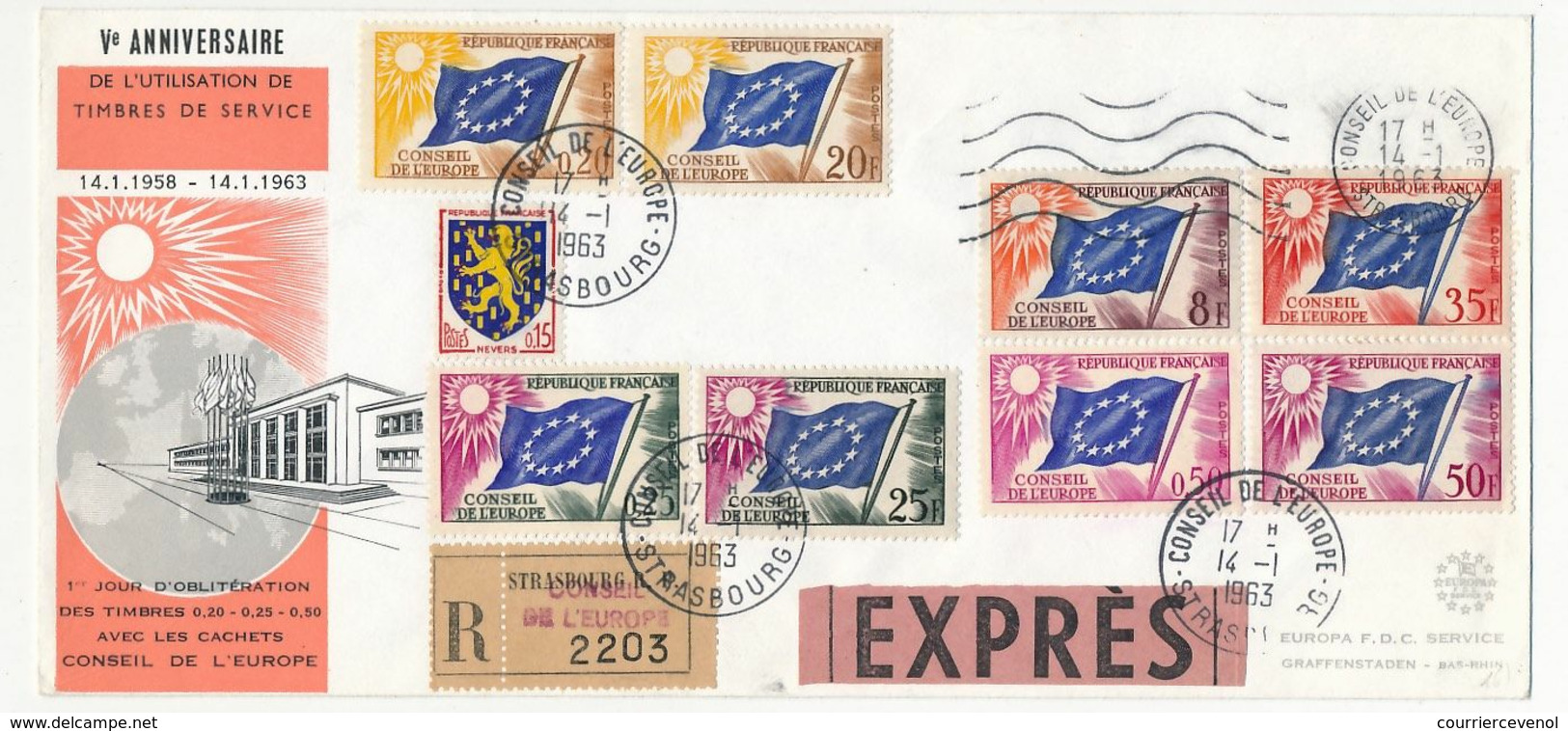 FRANCE - Env Recommandée Exprès Affr Multiple DRAPEAUX + 0,15 Nevers - 5ème Anniversaire TP Conseil Europe - Storia Postale