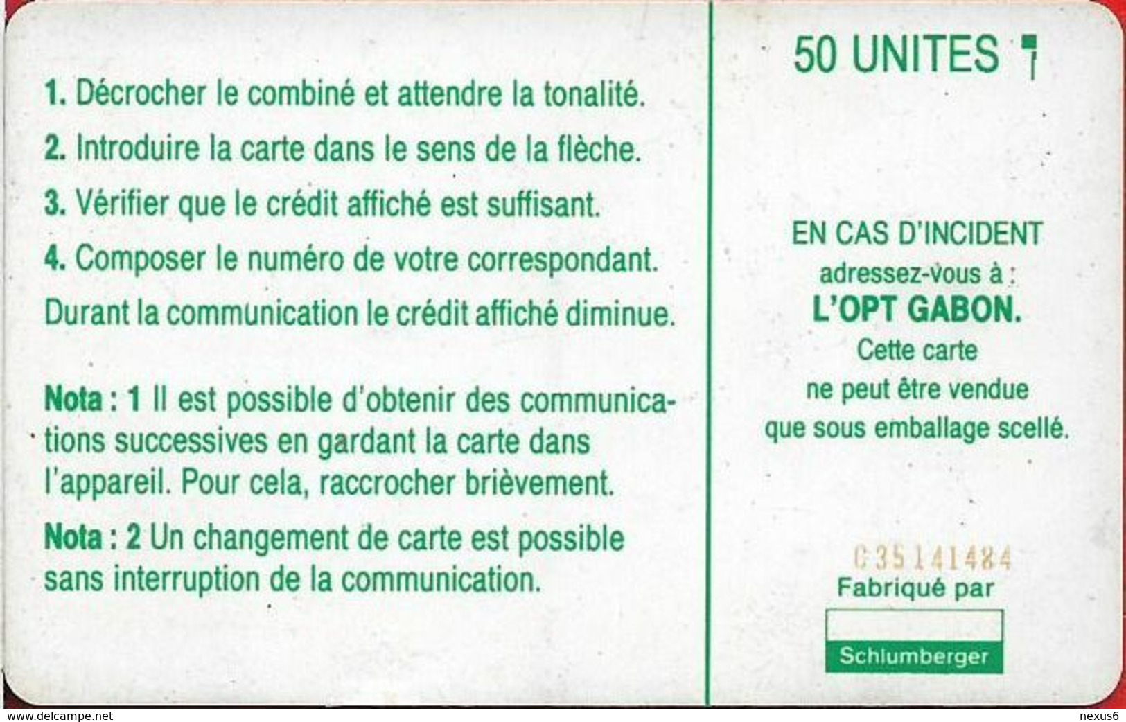 Gabon - OPT (Chip) - Map Of Gabon (Green) - 50Units, SC7, With Moreno, Cn. C351xxxxx Embossed Red, Used - Gabun