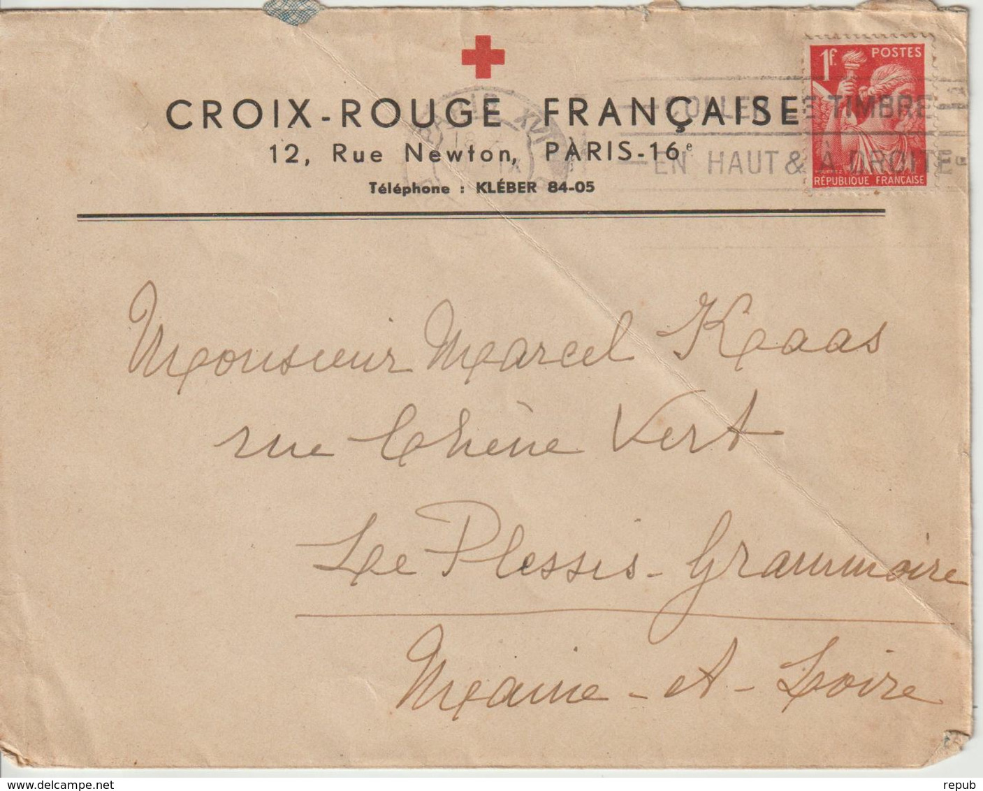 France 1941 Lettre De Paris Pour Le Plessis Grammoire (49) Entete Croix Rouge - 1921-1960: Modern Tijdperk