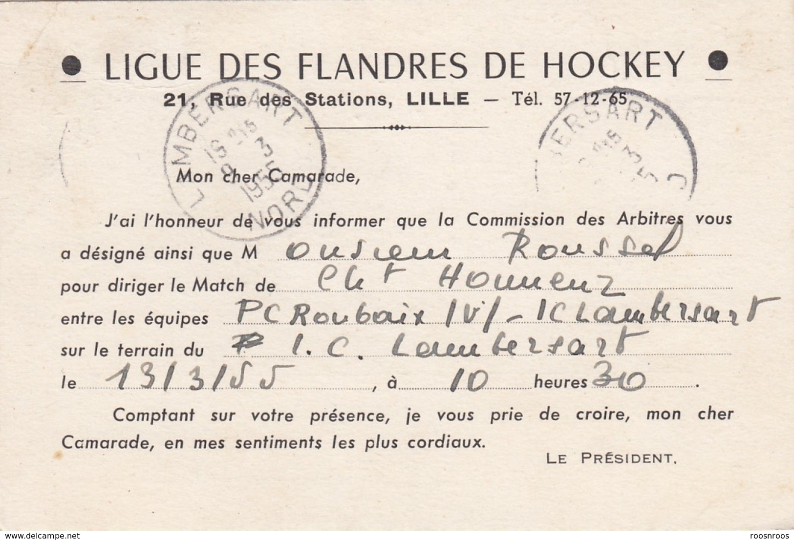 VIEUX PAPIER - CONVOCATION LIGUE DES FLANDRES DE HOCKEY -1955 - Altri & Non Classificati