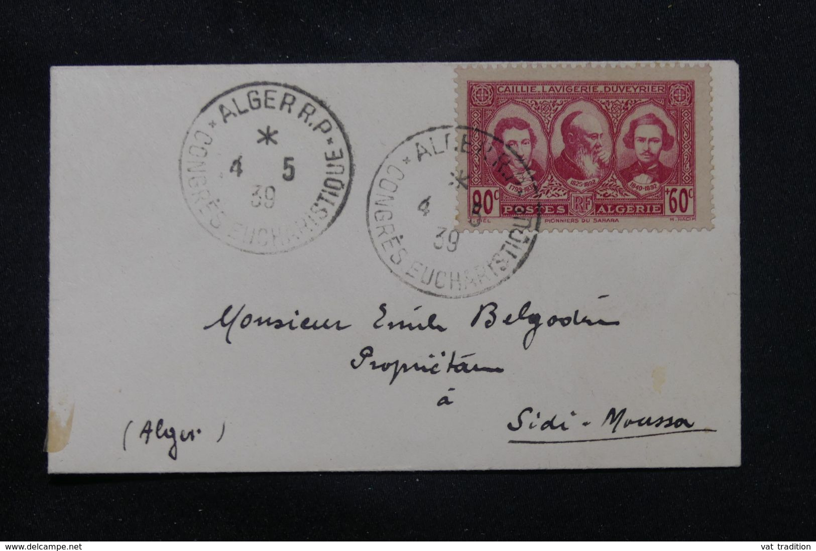 ALGÉRIE - Enveloppe De Alger Pour Sidi Moussa En 1939, Oblitération Du Congrès Eucharistique - L 71957 - Lettres & Documents