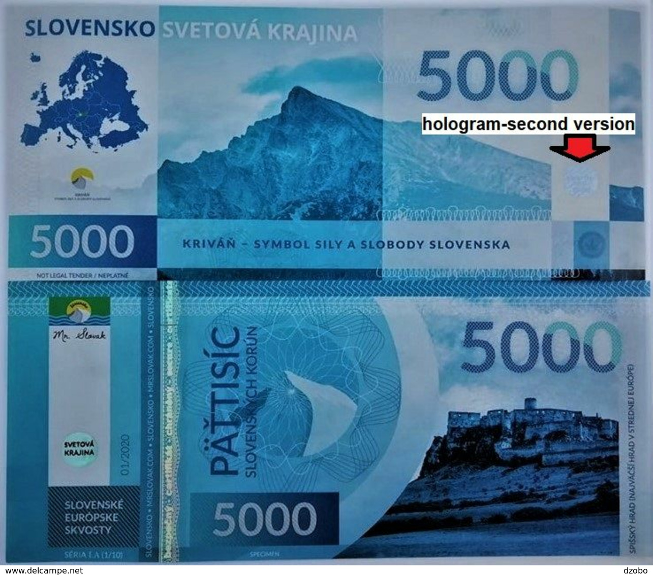 04. SLOVAKIA-FANTASY Banknote Slovak European Gems SPISSKY HRAD (UNESCO) 5000 Sk No 1 From 10 UNC 200 Pcs 01/2020 - Specimen