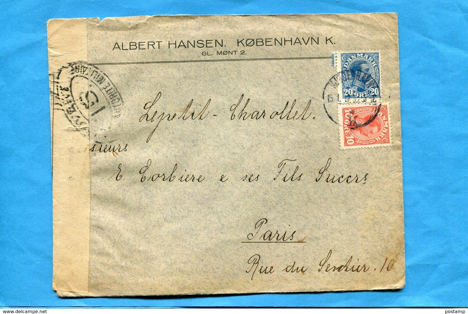 Marcophilie-lettre Daemark >Françe Cad 1915-2-stamps N° 43+44 Censurée - Macchine Per Obliterare (EMA)