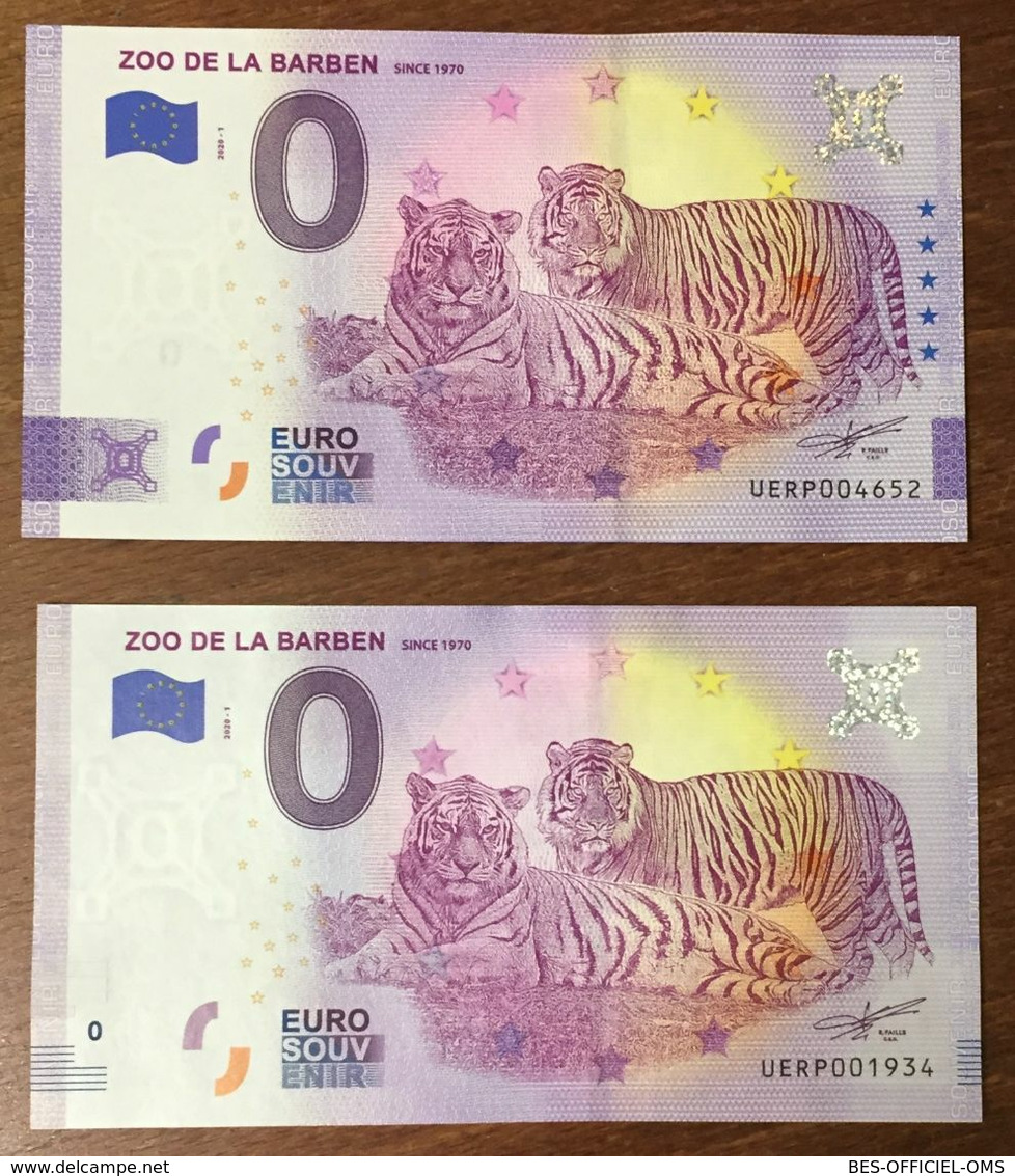 13 ZOO DE LA BARBEN TIGRES 2 BILLETS 0 EURO SOUVENIR 2020 BANKNOTE BANK NOTE PAPER 0 EURO SCHEIN - Essais Privés / Non-officiels