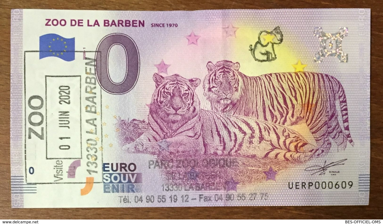 13 ZOO DE LA BARBEN TIGRES 1 BILLET 0 EURO SOUVENIR AVEC TAMPON A DATE 2020 BANKNOTE BANK NOTE PAPER 0 EURO SCHEIN - Essais Privés / Non-officiels