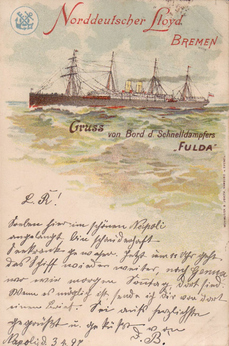 Norddeutscher Lloyd, Bremen. Gruss Von Bord Des Schnelldampfers "Fulda", 1897. - Steamers