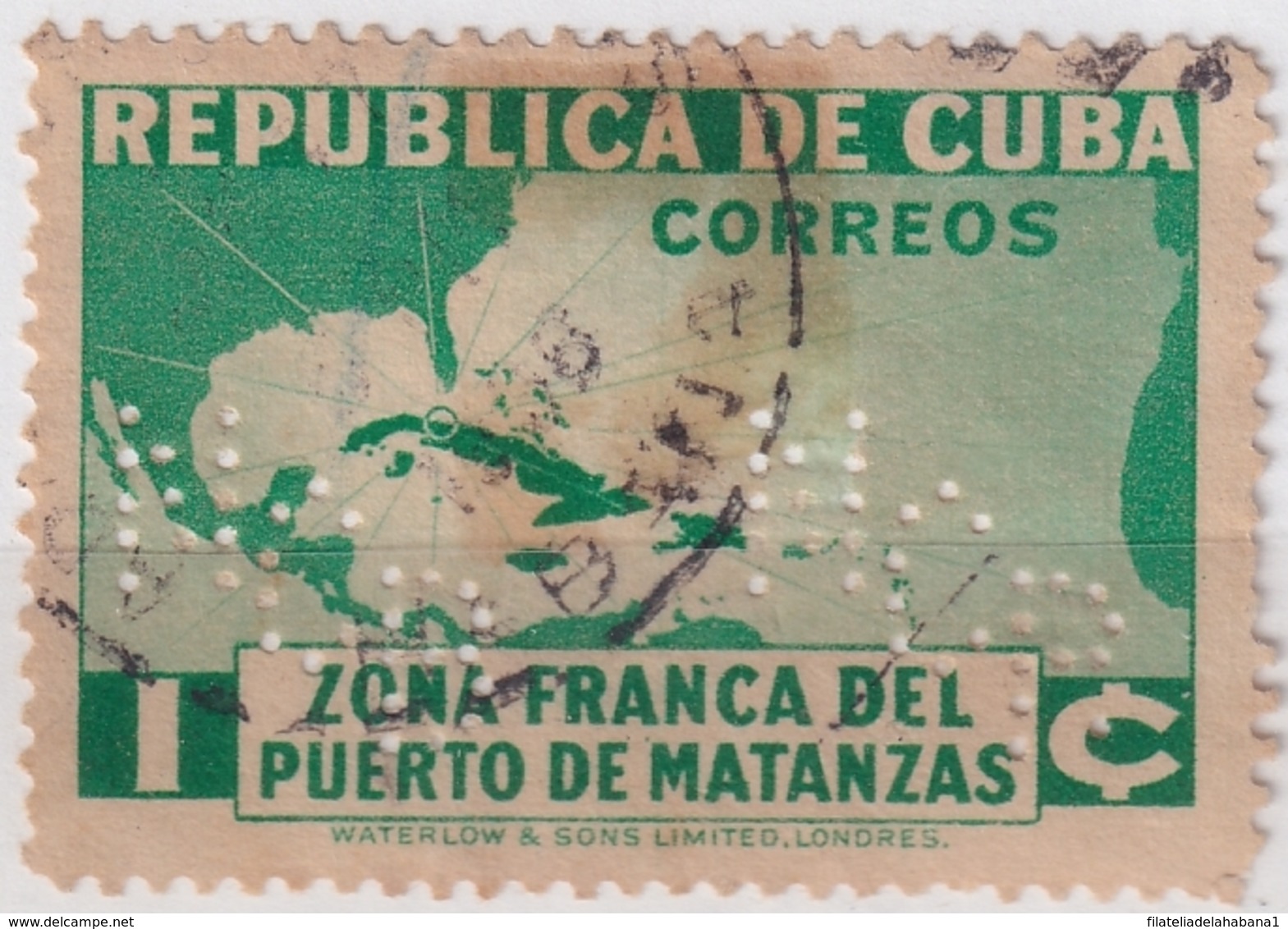 1936-369 CUBA REPUBLICA 1936 ZONA FRANCA MATANZAS PERFINS CITY BANK DEFECTOS AL REVERSO. - Usados