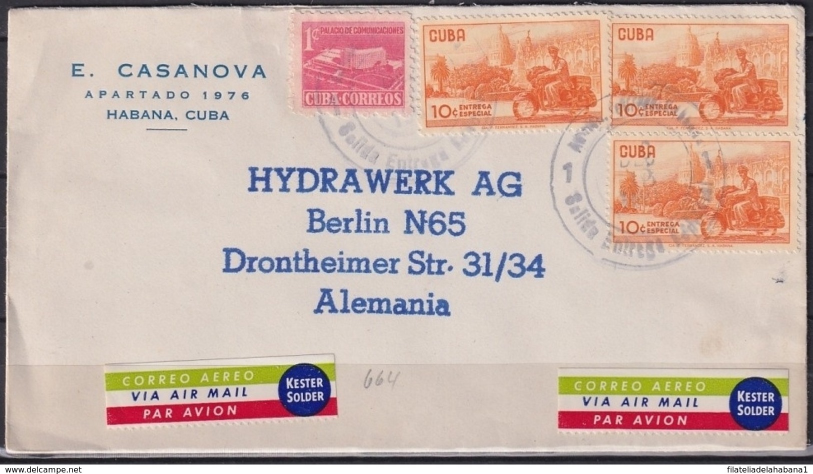 1960-H-75 CUBA 1960 10c MOTO MOTORCICLE SPECIAL DELIVERY COVER TO GERMANY. - Lettres & Documents