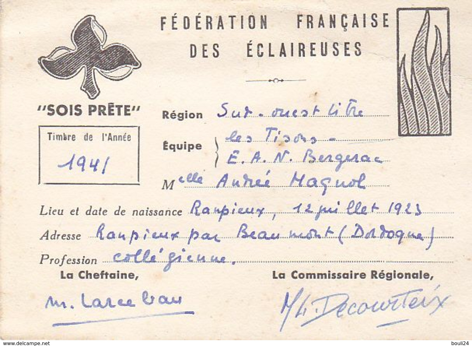 FEDERATION FRANCAISE DES ECLAIREUSES EQUIPE  LES TISONS E A N BERGERAC  ANNNEE 1941 - Pfadfinder-Bewegung