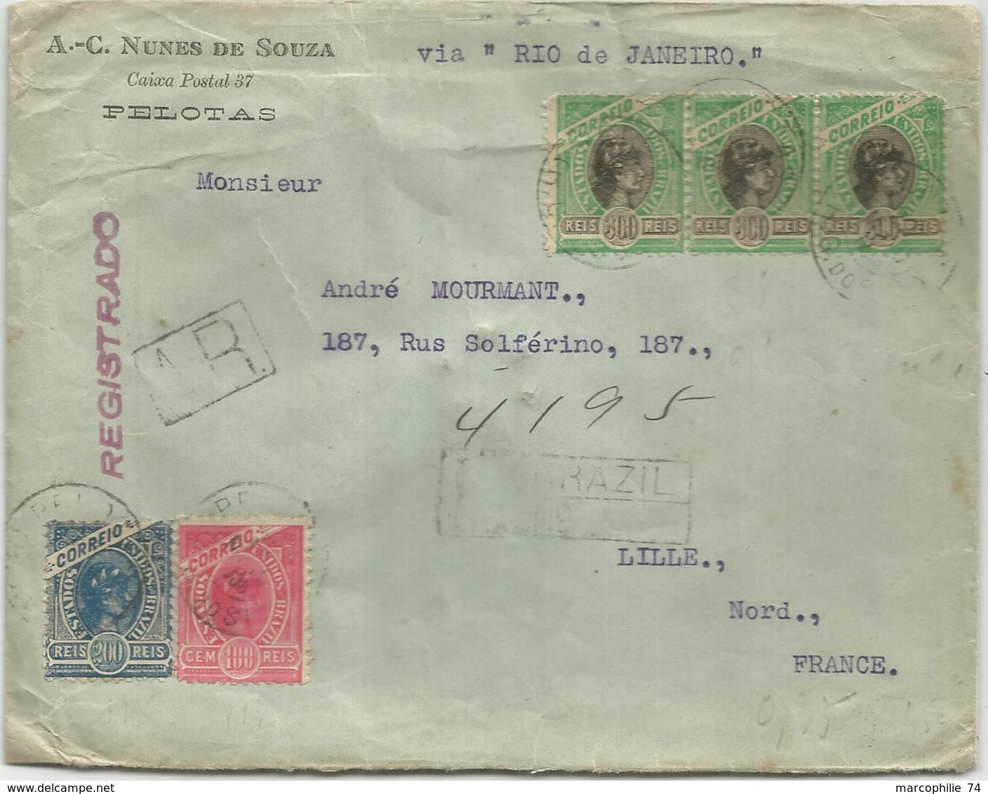 BRASIL  300 REISX3+200R+100R LETTRE COVER REG AR PELOTAS 1903 TO FRANCE VIA RIO DE JANEIRO - Cartas & Documentos