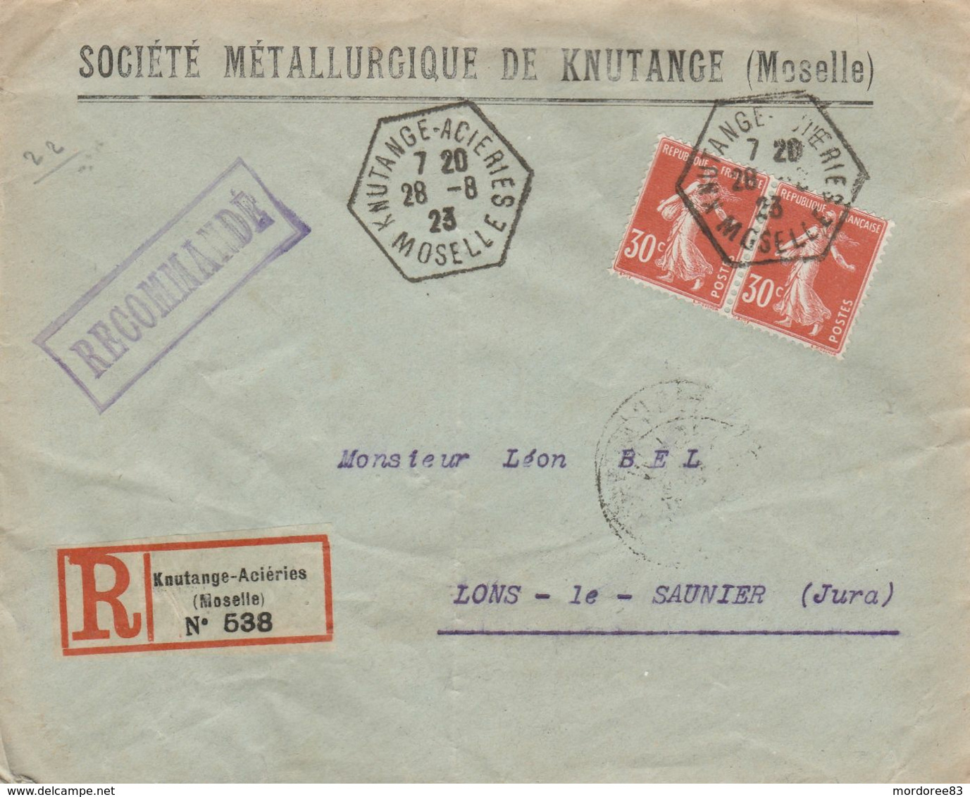 PAIRE SEMEUSE 30C YT 160 SUR LR KNUTANGE - ACIERIES MOSELLE CAD RECETTE AUXILIAIRE 28/8/1923 POUR LONS LE SAUNIER JURA/ - 1921-1960: Modern Tijdperk