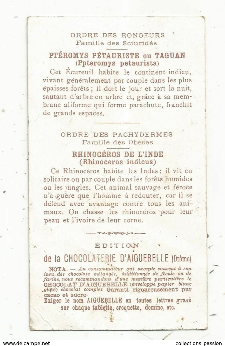 Chromo , Chocolaterie D'Aiguebelle ,le Monde Des Mammiféres ,Inde, Rongeurs Ptéromys Ou Taguan , Pachydermes Rhinocéros - Aiguebelle