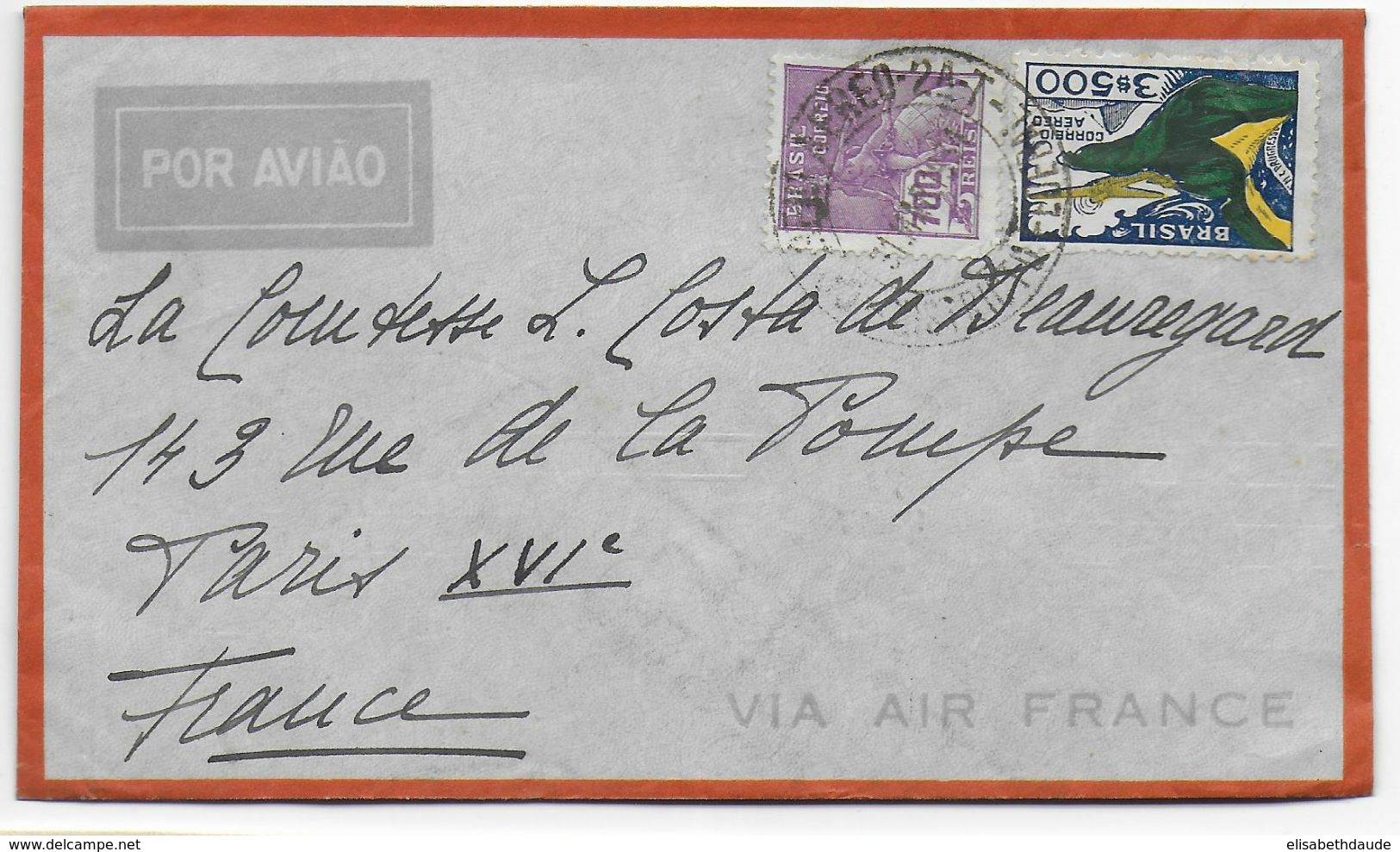 1934 - BRESIL - ENVELOPPE Par AVION AIR FRANCE Avec CACHET "AIR FRANCE RIO DE JANEIRO" Au DOS ! => PARIS - Storia Postale