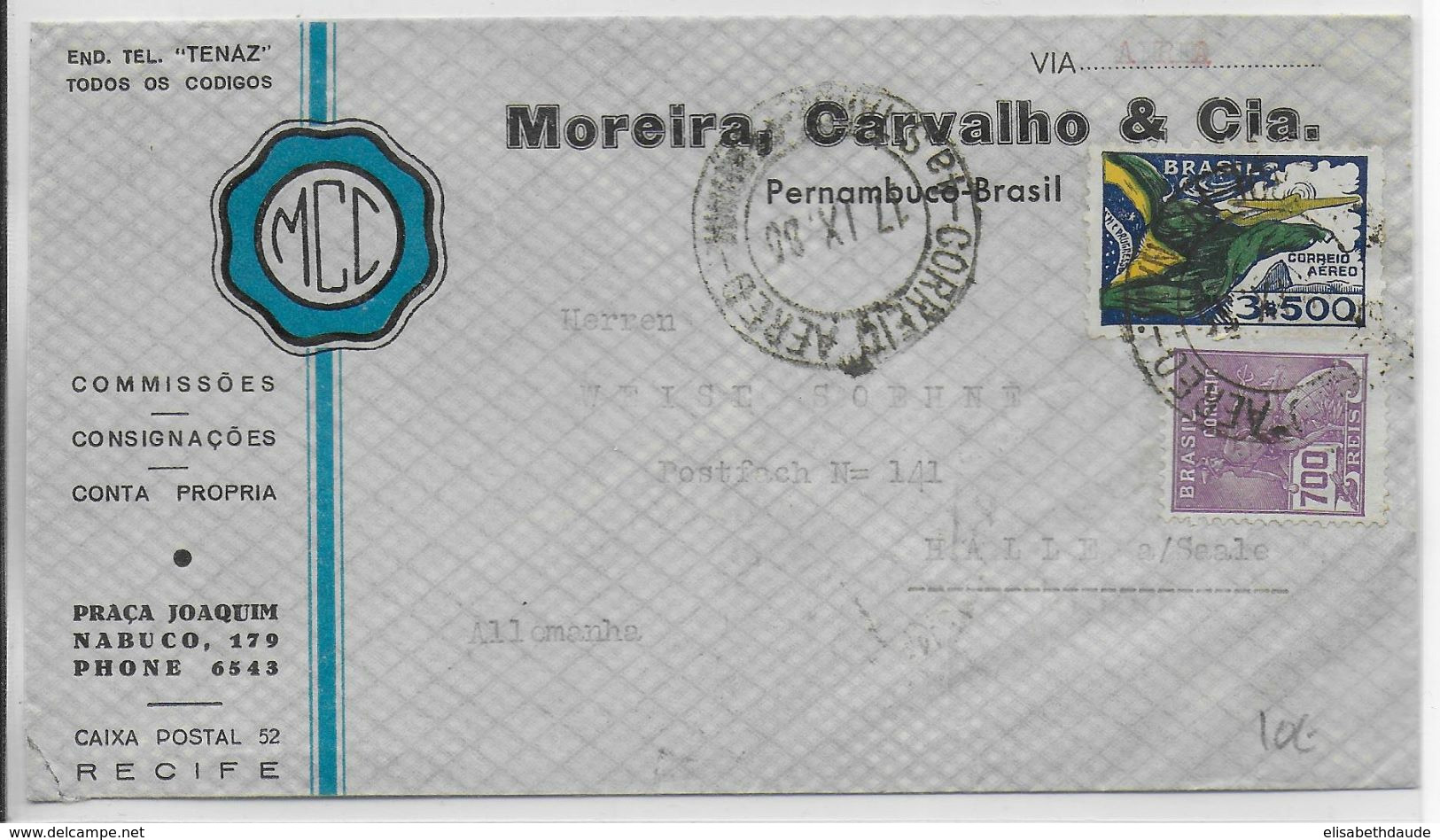 1935 - BRESIL - ENVELOPPE Par AVION De PERNAMBUCO => HALLE (ALLEMAGNE) Via PARIS MECA POSTE AERIENNE AU DOS - Lettres & Documents