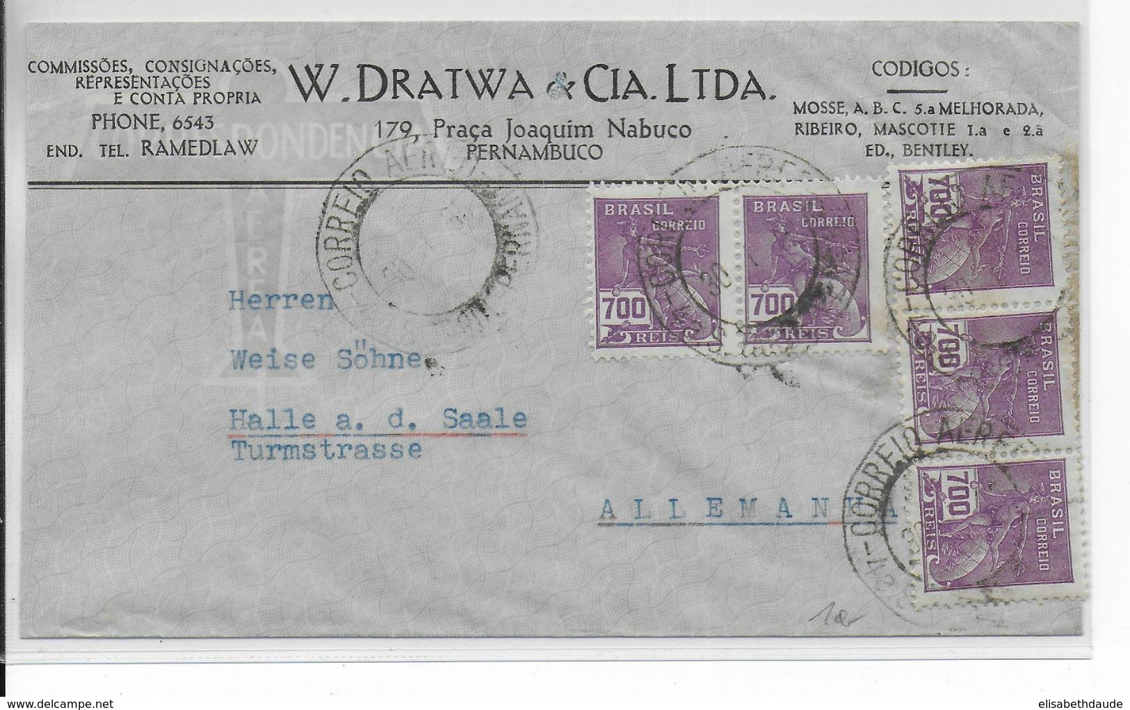 1935 - BRESIL - ENVELOPPE Par AVION De PERNAMBUCO => HALLE (ALLEMAGNE) - Lettres & Documents