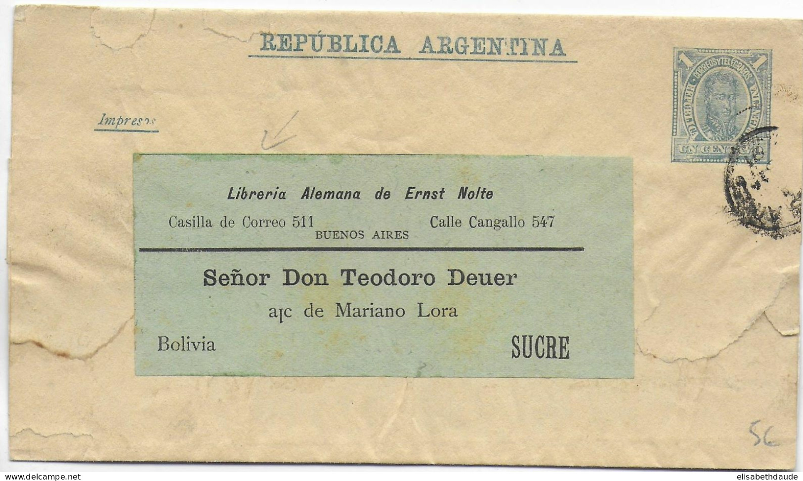 1891 - ARGENTINE - BANDE ENTIER POSTAL De RIO De JANEIRO (LIBRAIRIE ALLEMANDE) => SUCRE (BOLIVIE) ! - Postal Stationery