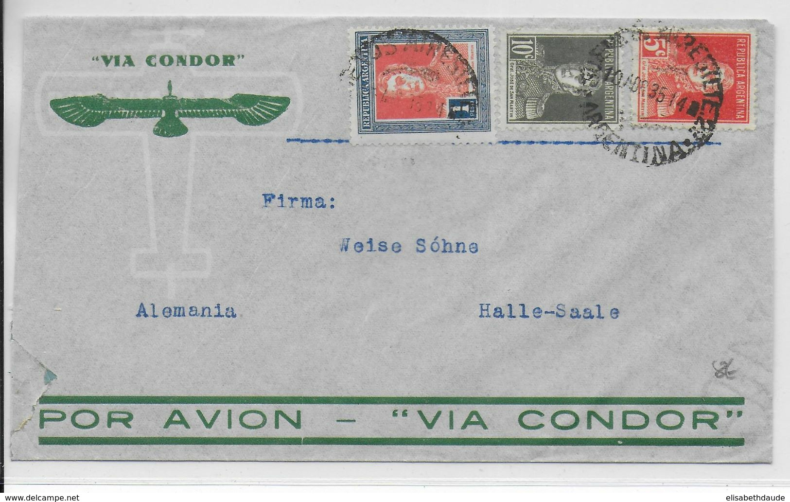 1935 - ARGENTINE - ENVELOPPE Par AVION CONDOR De BUENOS AIRES => HALLE (ALLEMAGNE) - Covers & Documents