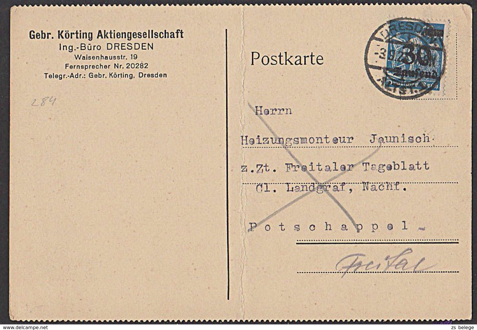 DR Infla MiNr. 284 30 T. Auf 10 M OSt. Dresden-Altst. 1, Gebr. Körting AG - Lettres & Documents