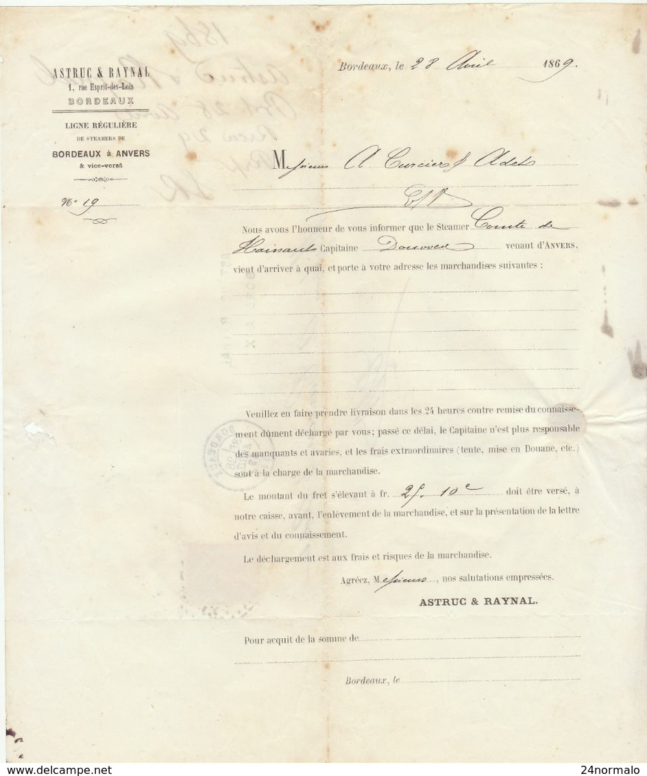 LAC Locale Astruc & Raynal Arrivée D'un Steamer  GC + T17 Bordeaux 1869 (2 Scans) - 1849-1876: Période Classique