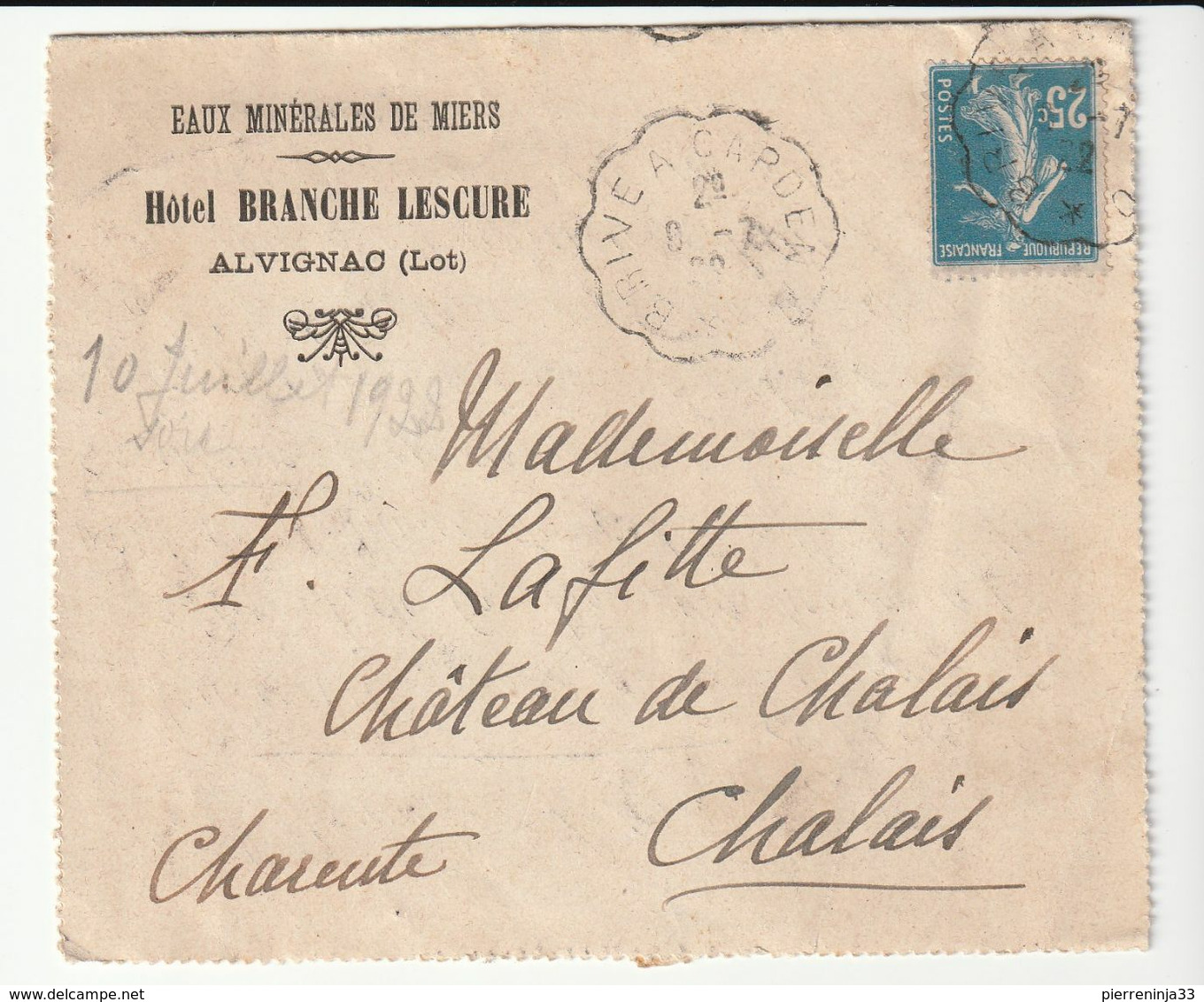 Lettre Hôtel Blanche Lescure/Alvignac/Lot, Eaux Minérales De Miers Et Cachet Convoyeur " Brive à Capdenac, 1922 " - Storia Postale