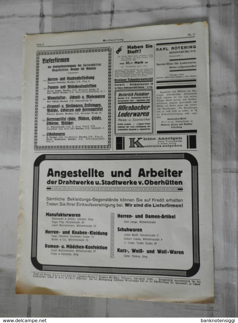 Werkzeitung VOH Vereinigte Oberschlesische Hüttenwerke Gleiwitz 1928 - Hobby & Verzamelen